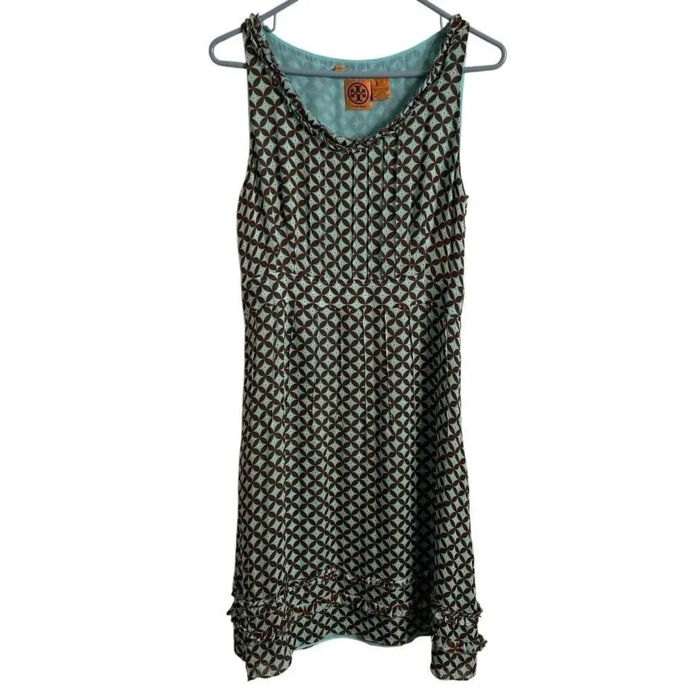 Tory Burch Womens Geometric Print Silk Dress 8 Robin Egg Blue Brown Sleeveless